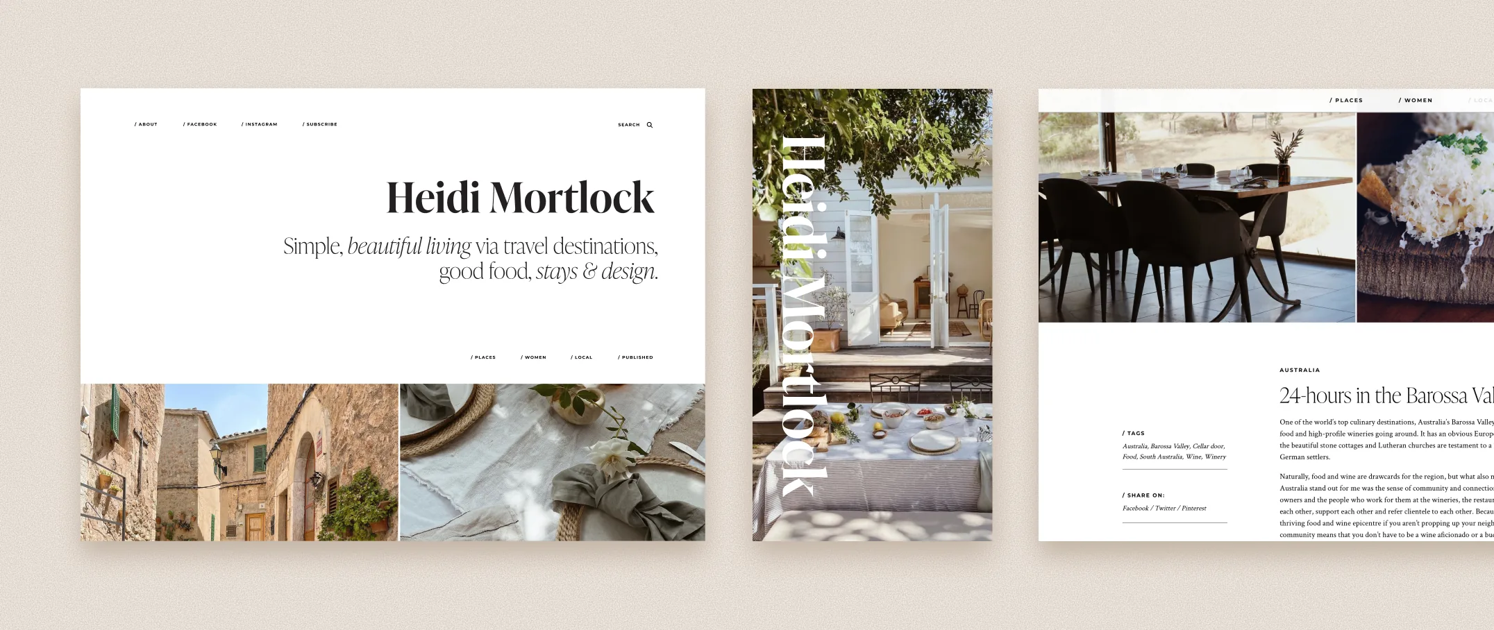 Heidi Mortlock lifestyle and travel journal, editorial layout on warm beige