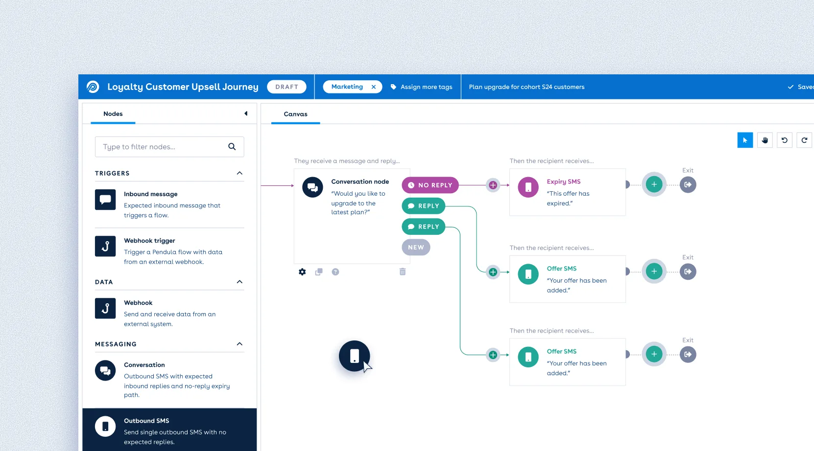 Pendula customer engagement platform interface, showing a visual workflow builder